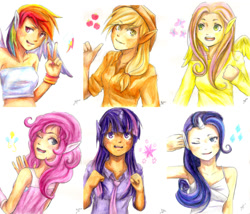 Size: 900x772 | Tagged: safe, artist:greenmangos, derpibooru import, applejack, fluttershy, pinkie pie, rainbow dash, rarity, twilight sparkle, eared humanization, horned humanization, humanized, traditional art, winged humanization