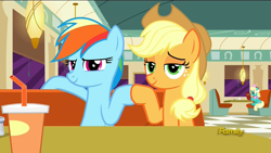 Size: 1920x1080 | Tagged: safe, derpibooru import, screencap, applejack, rainbow dash, earth pony, pegasus, pony, the saddle row review, discovery family logo, honey curls, hoofbump, lidded eyes, mare e. lynn