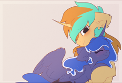 Size: 1518x1032 | Tagged: safe, artist:little-sketches, princess luna, oc, oc:demi, oc:demiurgic theory, alicorn, pony, unicorn, blushing, canon x oc, couple, cuddling, cute, daaaaaaaaaaaw, duo, female, floppy ears, fluffy, happy, hnnng, hug, love, male, precious, shipping, simple background, size difference, smiling, snuggling, straight, sweet dreams fuel, weapons-grade cute, wholesome