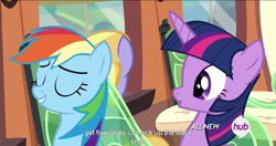 Size: 1152x610 | Tagged: safe, screencap, rainbow dash, twilight sparkle, twilight sparkle (alicorn), alicorn, pegasus, pony, rainbow falls, female, mare, meme, youtube caption