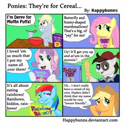 Size: 3000x3026 | Tagged: safe, artist:happybunns, derpibooru import, applejack, derpy hooves, fluttershy, pipsqueak, rainbow dash, scootaloo, sweetie belle, earth pony, pegasus, pony, cereal, comic, female, humor, mare, product placement, smiling