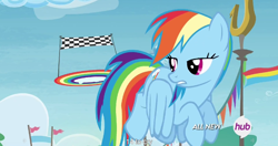 Size: 1152x609 | Tagged: safe, screencap, rainbow dash, pegasus, pony, rainbow falls, flying, meme, solo, youtube caption