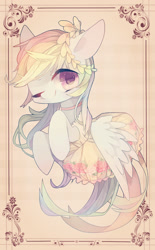 Size: 1080x1746 | Tagged: safe, artist:dieyue233, derpibooru import, rainbow dash, pegasus, pony, clothes, dress, laurel wreath, solo, wink