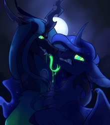 Size: 1177x1329 | Tagged: safe, artist:rockin_candies, princess luna, queen chrysalis, alicorn, changeling, changeling queen, pony, curved horn, drool, duo, embrace, female, glowing tongue, gritted teeth, horn, hypnosis, mare, moon, swirly eyes, tongue out, wings