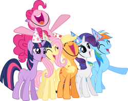 Size: 2576x2027 | Tagged: safe, artist:akili-amethyst, derpibooru import, applejack, fluttershy, pinkie pie, rainbow dash, rarity, twilight sparkle, earth pony, pegasus, pony, unicorn, happy, hat, mane six, party, party hat, simple background, smiling, transparent background, vector