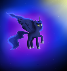 Size: 3184x3376 | Tagged: safe, artist:sane, princess luna, alicorn, pony, abstract background, aurora borealis, cute, ethereal mane, flying, jewelry, light, looking at you, regalia, smiling, solo, starry mane, stars