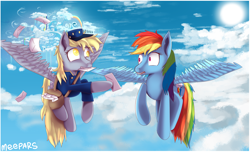 Size: 1024x623 | Tagged: safe, artist:meepars, derpibooru import, derpy hooves, rainbow dash, pegasus, pony, female, mail, mare