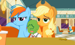 Size: 728x437 | Tagged: safe, derpibooru import, edit, edited screencap, screencap, applejack, rainbow dash, oc, oc:anon, oc:kid anon, earth pony, pegasus, pony, the saddle row review, /mlp/, 1000 hours in ms paint, discovery family logo, honey curls, i need an adult, mare e. lynn, ms paint, nervous, wavy mouth