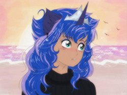 Size: 4000x3002 | Tagged: safe, artist:darkest-lunar-flower, princess luna, human, 80s, 80s anime, anime, beach, blushing, cute, eared humanization, horn, horned humanization, humanized, lunabetes, solo, winged humanization, wings