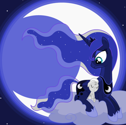 Size: 2228x2216 | Tagged: safe, artist:darkpikachu5, princess luna, oc, oc:crescent, alicorn, pony, cloud, crescent moon, hijo de la luna, maternaluna, moon