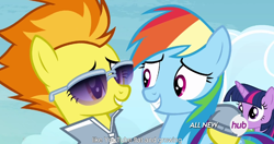 Size: 1152x608 | Tagged: safe, screencap, rainbow dash, spitfire, pegasus, pony, rainbow falls, meme, youtube caption