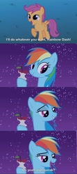 Size: 2732x6148 | Tagged: safe, derpibooru import, screencap, rainbow dash, scootaloo, pegasus, pony, owl's well that ends well, season 1, absurd resolution, caption, eager, female, filly, happy, lidded eyes, mare, out of context, screencap comic