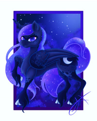 Size: 3276x4096 | Tagged: safe, artist:xenyu, princess luna, alicorn, pony, cloven hooves, ethereal mane, female, mare, night, raised hoof, signature, solo, starry mane, stars, unshorn fetlocks