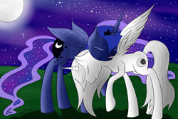 Size: 1936x1296 | Tagged: safe, artist:bronymirage, princess luna, oc, oc:crescent, alicorn, pony, hijo de la luna, hug, moon, night