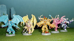 Size: 900x496 | Tagged: safe, derpibooru import, applejack, fluttershy, pinkie pie, rainbow dash, rarity, chaos, chaos space marine, figurine, gaming miniature, miniature, possessed marines, species swap, warhammer (game), warhammer 40k