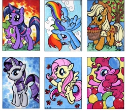 Size: 1717x1502 | Tagged: safe, artist:kapow2003, derpibooru import, applejack, fluttershy, pinkie pie, rainbow dash, rarity, spike, twilight sparkle, butterfly, dragon, earth pony, pegasus, pony, unicorn, apple, balloon, basket, carrying, cloud, cloudy, flying, mane seven, mane six, mouth hold, traditional art, tree