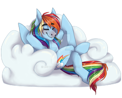 Size: 1024x819 | Tagged: safe, artist:fluffyrainbowsheep, derpibooru import, rainbow dash, pegasus, pony, cloud, eyes closed, scene interpretation, sitting, solo, watermark