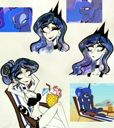 Size: 2607x2929 | Tagged: safe, artist:citi, screencap, princess luna, human, between dark and dawn, bikini, clothes, eyeshadow, female, humanized, makeup, one eye closed, scene interpretation, screencap reference, solo, starry hair, swimsuit, wink