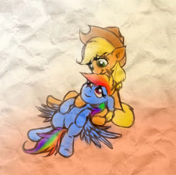 Size: 895x893 | Tagged: safe, artist:shippingandhard, derpibooru import, applejack, rainbow dash, earth pony, pegasus, pony, appledash, female, kissing, lesbian, shipping, snuggling