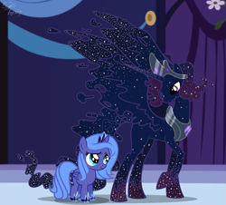 Size: 1713x1550 | Tagged: safe, artist:whiteplumage白羽, princess luna, oc, oc:cosmos, oc:king cosmos, alicorn, pony, base used, duo, female, filly, hoof shoes, jewelry, s1 luna, tiara, woona, younger