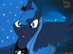 Size: 1024x760 | Tagged: safe, artist:writepillar, princess luna, alicorn, pony, luna eclipsed, animation cel, crown, ethereal mane, female, huzzah, jewelry, mare, necklace, open mouth, regalia, signature, smiling