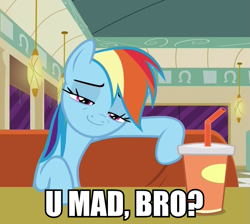 Size: 755x676 | Tagged: safe, derpibooru import, edit, edited screencap, screencap, rainbow dash, pegasus, pony, the saddle row review, caption, faic, image macro, meme, rainbow dash is best facemaker, reaction image, smug, smugdash, solo, u mad