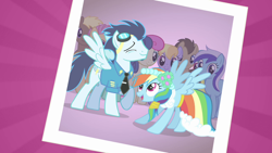 Size: 1280x720 | Tagged: safe, screencap, bon bon, candy mane, cloud kicker, coco crusoe, doctor whooves, minuette, rainbow dash, soarin', sweetie drops, earth pony, pegasus, pony, a canterlot wedding, clothes, cute, dancing, dashabetes, eyes closed, female, male, mare, open mouth, raised hoof, smiling, soarindash, spread wings, stallion, uniform, wonderbolts dress uniform