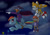 Size: 1500x1060 | Tagged: safe, artist:kirumo-kat, derpibooru import, rainbow dash, fox, pegasus, pony, carrying, crossover, darkwing duck, gosalyn mallard, holding, holding hands, miles "tails" prower, riding, sonic the hedgehog (series)