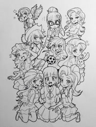 Size: 540x720 | Tagged: safe, artist:aizy-boy, derpibooru import, applejack, fluttershy, pinkie pie, princess flurry heart, rainbow dash, rarity, sci-twi, starlight glimmer, sunset shimmer, twilight sparkle, equestria girls, clothes, equestria girls-ified, heart, humane seven, humane six, humanized, magical quartet, monochrome, pixiv, twolight