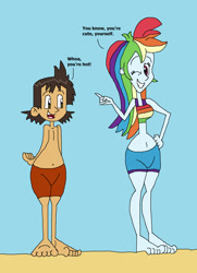 Size: 1425x1973 | Tagged: safe, artist:hunterxcolleen, derpibooru import, rainbow dash, human, equestria girls, barefoot, beach, belly button, bikini, bikini top, clothes, crossover, digimon, digimon frontier, feet, humanized, shorts, swimsuit, takuya kanbara, talking, wink