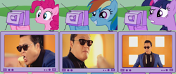 Size: 1674x712 | Tagged: safe, derpibooru import, pinkie pie, rainbow dash, twilight sparkle, earth pony, pegasus, pony, exploitable meme, gangnam style, psy, tv meme