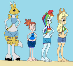 Size: 2193x1961 | Tagged: safe, artist:hunterxcolleen, derpibooru import, applejack, rainbow dash, human, equestria girls, barefoot, beach, belly button, bikini, bikini top, clothes, crossover, digimon, digimon tamers, feet, humanized, renamon, rika nonaka, shorts, simple background, swimsuit, tanktop