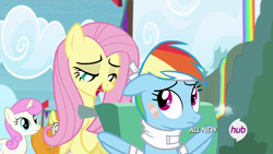 Size: 1920x1080 | Tagged: safe, screencap, carrot top, fluttershy, golden harvest, rainbow dash, twinkleshine, pegasus, pony, rainbow falls, bandage, feignbow dash, floppy ears, frown, lidded eyes, open mouth, out of context, smiling, tongue out