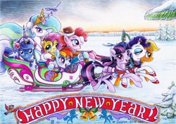 Size: 1024x721 | Tagged: safe, artist:olgfox, derpibooru import, applejack, fluttershy, pinkie pie, princess celestia, princess luna, rainbow dash, rarity, twilight sparkle, alicorn, earth pony, pegasus, pony, unicorn, harness, mane six, new year, sleigh, snow, traditional art, troika