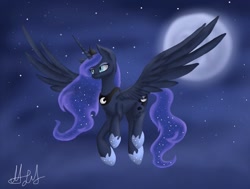 Size: 831x629 | Tagged: safe, artist:aluramoon_, princess luna, alicorn, pony, ethereal mane, female, flying, full moon, galaxy mane, hoof shoes, jewelry, mare, moon, night, peytral, signature, solo, spread wings, stars, tiara, wings