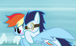 Size: 1212x736 | Tagged: safe, artist:littlecloudie, rainbow dash, soarin', pegasus, pony, rainbow falls, female, kiss on the cheek, kissing, male, shipping, soarindash, straight, wonderbolts