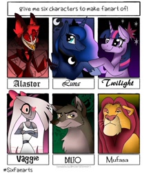 Size: 1080x1232 | Tagged: safe, artist:rxndxm.artist, princess luna, twilight sparkle, unicorn twilight, alicorn, big cat, dog, lion, pony, unicorn, alastor, balto, bust, chest fluff, crossed arms, crossover, cute, ethereal mane, female, hazbin hotel, holding hooves, hoof shoes, james earl jones, lunabetes, male, mare, mufasa, peytral, six fanarts, smiling, the lion king, twiabetes, vaggie