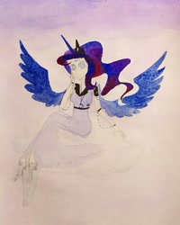 Size: 1080x1350 | Tagged: safe, artist:princess.luna.officially, princess luna, human, alicorn humanization, alternative cutie mark placement, clothes, cutie mark on human, ethereal mane, horned humanization, humanized, sitting, solo, traditional art, winged humanization