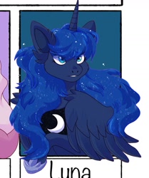 Size: 1080x1290 | Tagged: safe, alternate version, artist:phlowir, princess luna, alicorn, pony, cropped, ethereal mane, eye clipping through hair, female, mare, peytral, six fanarts, starry mane