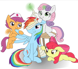 Size: 1536x1366 | Tagged: safe, artist:diamond--rose, derpibooru import, apple bloom, rainbow dash, scootaloo, sweetie belle, pegasus, pony, bandage, cute, cutie mark crusaders