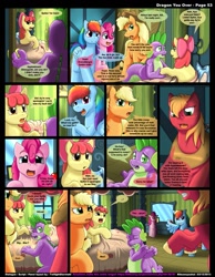 Size: 1165x1500 | Tagged: safe, artist:kitsuneyoukai, derpibooru import, apple bloom, applejack, big macintosh, pinkie pie, rainbow dash, spike, dragon, earth pony, pegasus, pony, comic:dragon you over, comic, male, stallion, vulgar