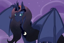 Size: 1024x690 | Tagged: safe, artist:tenshineko01, princess luna, alicorn, bat pony, bat pony alicorn, pony, alternate design, bat wings, horn, lidded eyes, solo, unamused, wings