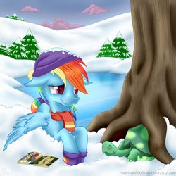 Size: 900x900 | Tagged: safe, artist:swanlullaby, derpibooru import, daring do, rainbow dash, tank, pegasus, pony, tanks for the memories, book, clothes, crying, hibernation, sad, scarf, snow, tree