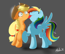 Size: 1648x1380 | Tagged: safe, artist:shnider, derpibooru import, applejack, rainbow dash, earth pony, pegasus, pony, alternate hairstyle, appledash, braid, chest fluff, cute, eyes closed, female, freckles, hat, lesbian, licking, mare, shipping, surprised