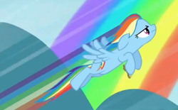 Size: 820x510 | Tagged: safe, screencap, rainbow dash, pegasus, pony, rainbow falls, aerial relay, fast, flying, rainbow, solo, speed