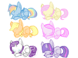 Size: 1890x1417 | Tagged: safe, artist:ehherinn, derpibooru import, applejack, fluttershy, pinkie pie, rainbow dash, rarity, twilight sparkle, earth pony, pegasus, pony, unicorn, mane six, simple background, sketch, sleeping