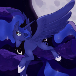 Size: 1000x1000 | Tagged: safe, artist:lapumpkink, princess luna, alicorn, pony, cute, ethereal mane, female, flying, full moon, lunabetes, mare, moon, night, sky, solo, spread wings, starry mane, wings