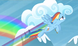 Size: 1080x640 | Tagged: safe, screencap, rainbow dash, pegasus, pony, rainbow falls, aerial relay, cloud, determined, fast, flying, gritted teeth, hub logo, mountain, rainbow, solo, speed