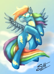 Size: 934x1280 | Tagged: safe, artist:silnat, derpibooru import, rainbow dash, pegasus, pony, clothes, flying, signature, solo, wonderbolts uniform