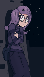 Size: 3631x6412 | Tagged: safe, artist:paskanaakka, derpibooru exclusive, princess luna, human, absurd resolution, clothes, crossed arms, female, freckles, glasses, grumpy, humanized, leaning, night, s1 luna, solo, sweater